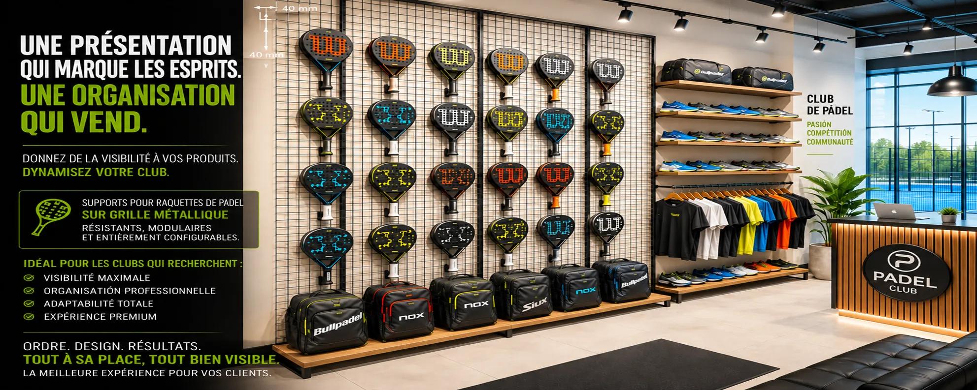 Présentoirs sur grille métallique pour raquettes dans un club de padel | Shelf2000